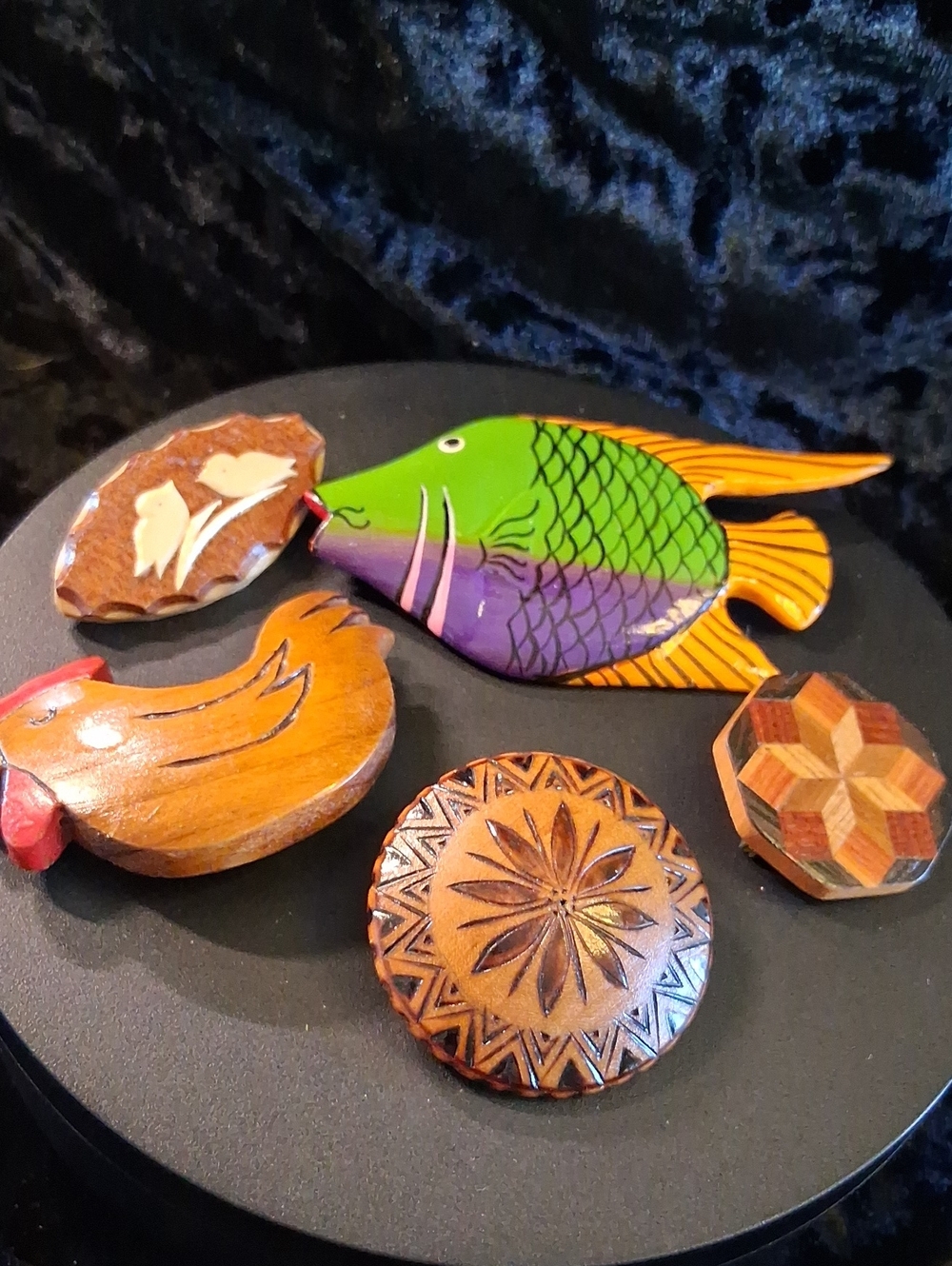 Vintage Hand Crafted Wooden Inlay & Enamel Broochs .